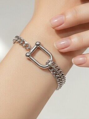 Horsebit Buckle Link Bracelet Stainless Steel Double Chain Equestrian Shackle